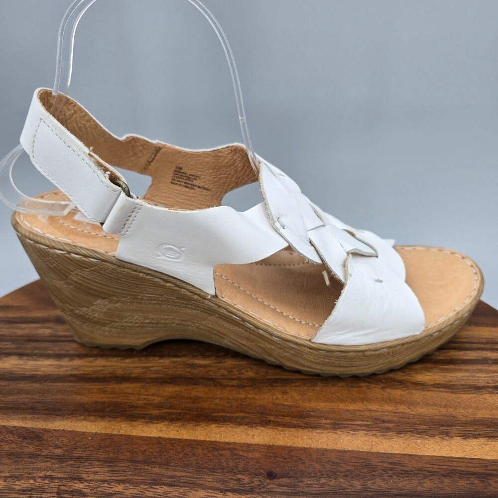 Born Sandals Womens 10 M White Leather Nina Woven Wedge Comfort Adjustable Strap